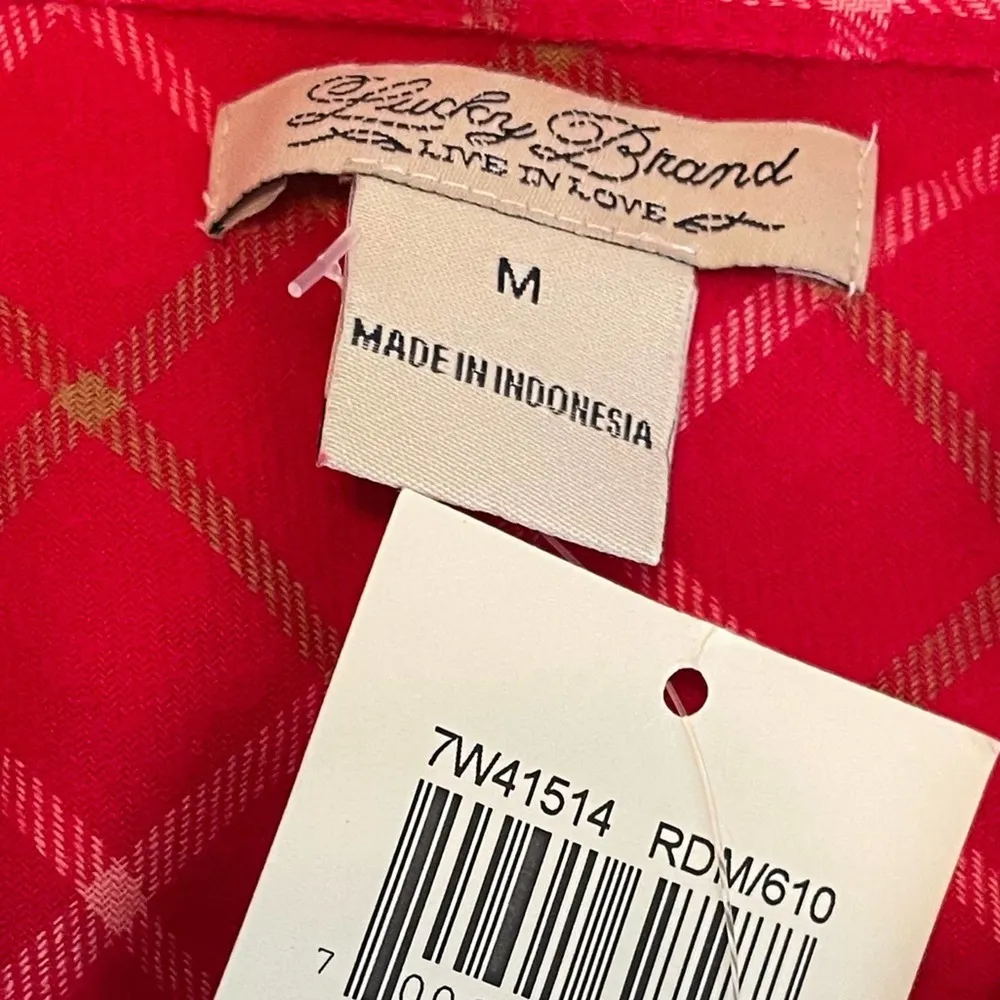 Lucky Brand Women's Red/White Cotton Plaid Button Down Long Sleeve Shirt sz M - Image 3