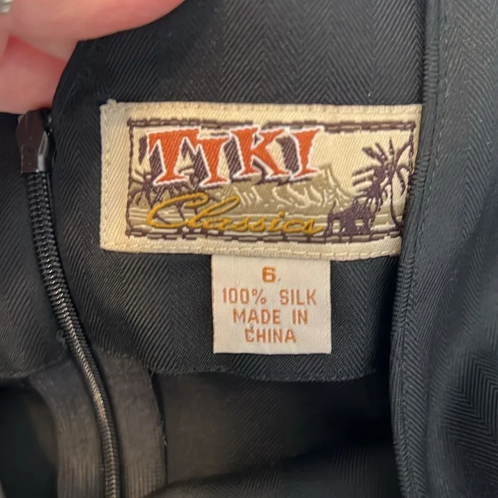 Tiki classics sz6 black w/Palm tree boarder 100% silk sleeveless sheath EUC Size 6 - Image 4