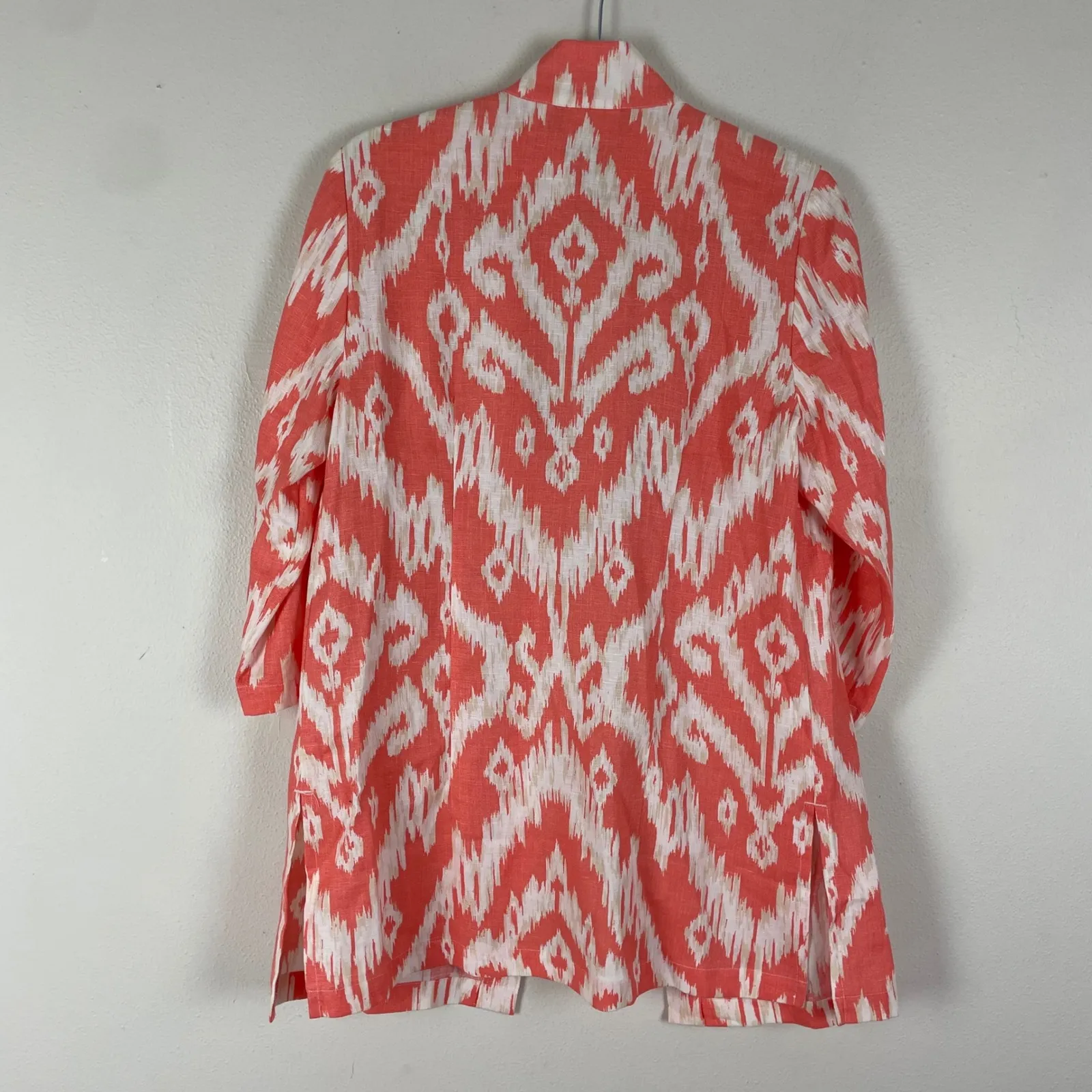 Chico's Women's Coral White Ikat Print 3/4 Sleeve Linen Open Front Jacket Size S - Image 5