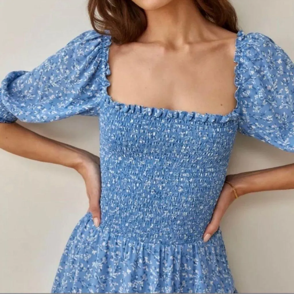 Reformation Suzette Blue Floral Smocked Puff Sleeve Mini Dress Size 12 NWT - Image 2