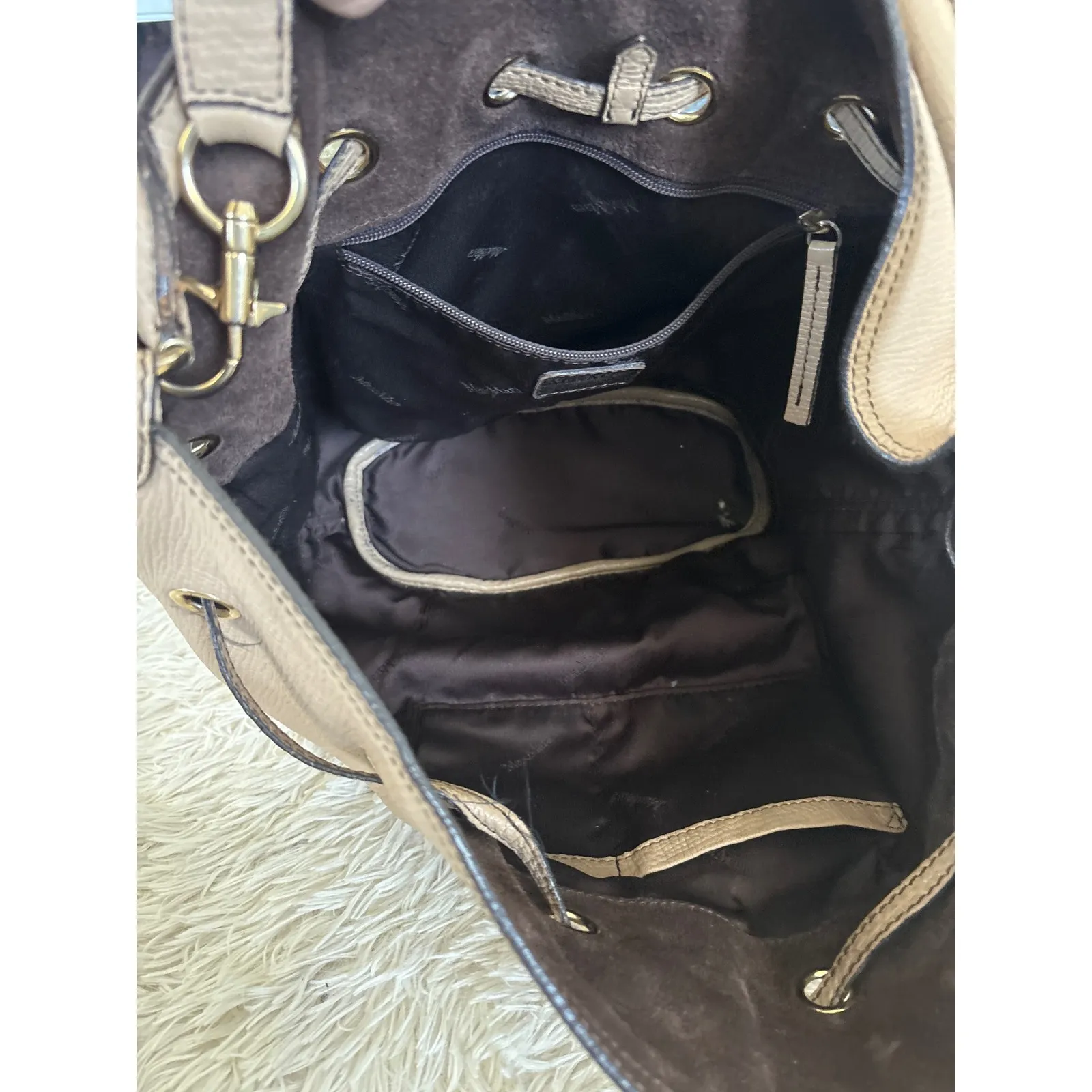 Max Mara Leather Bucket Bag Drawstring Tan Shoulder Crossbody Adjustable Strap - Image 7