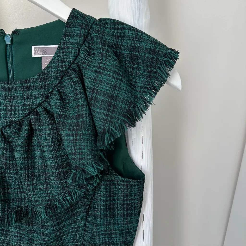 Chelsea28 Green and Black Tartan Plaid Asymmetrical Ruffle Dress Size 2P - Image 7