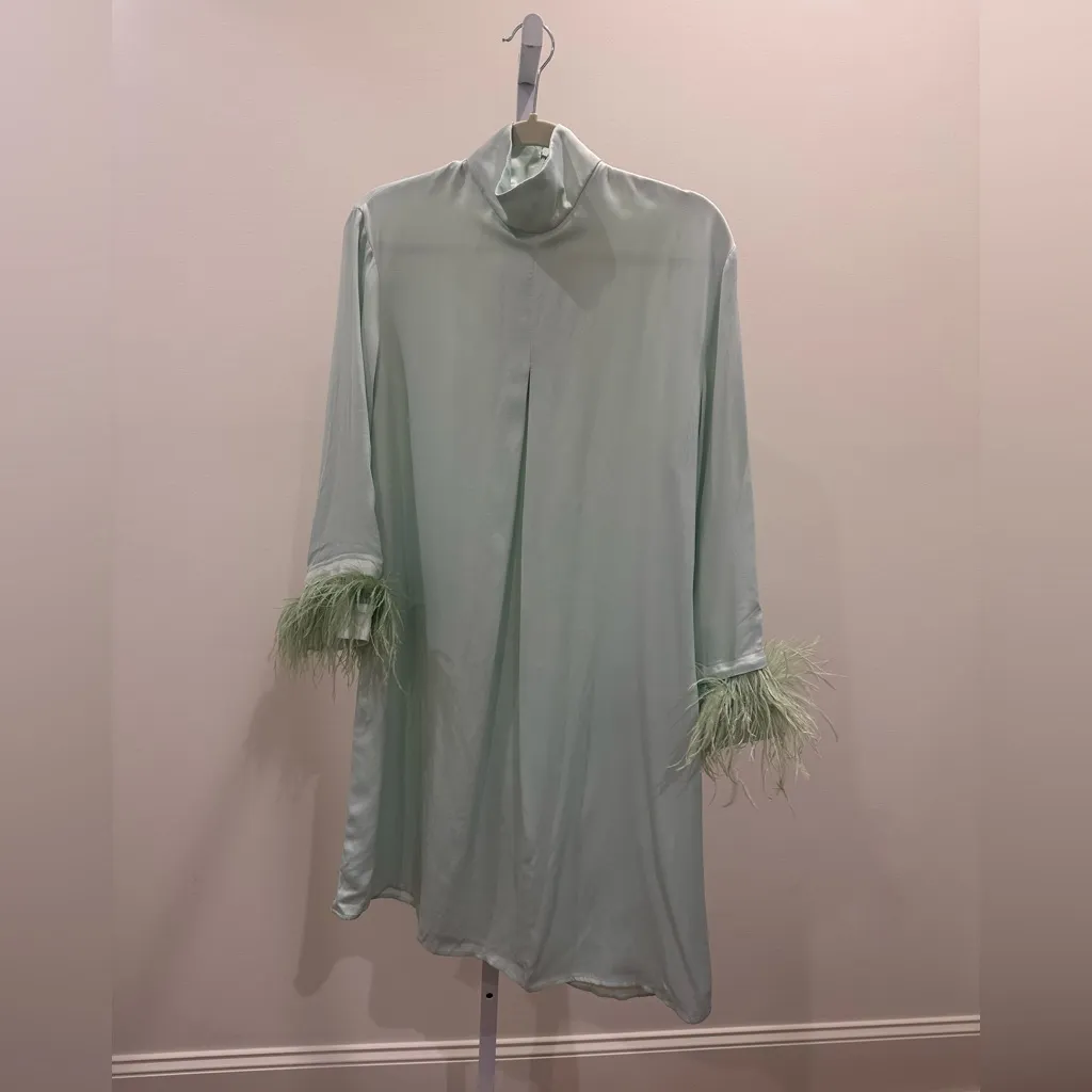 SLEEPER Party Shirt Dress w/Ostrich Feathers Mint Green Size XS NWT Satin Mini - Image 10
