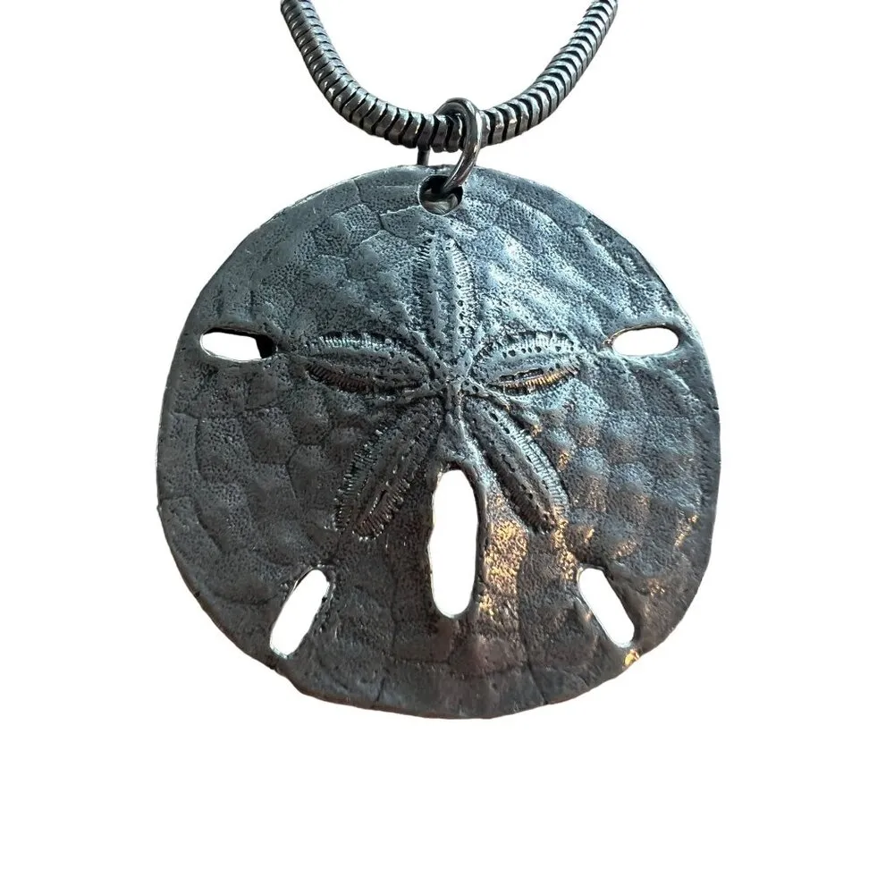 Vintage Pewter Sand Dollar Pendant Necklace Silver Tone Snake Chain 18" Chain - Image 2