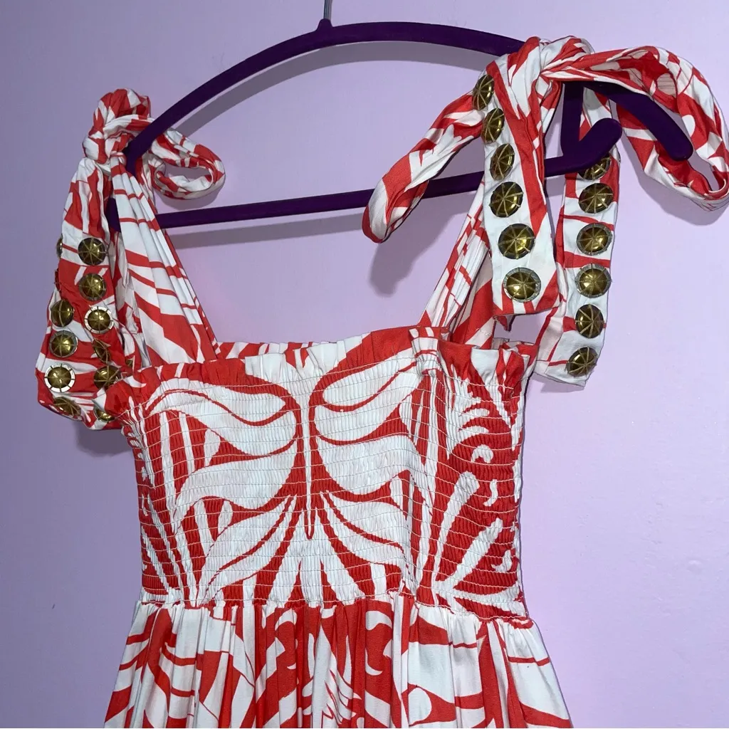 Sheridan French Kelly Dress Coral Boho Leaf Women Size M Tiered Maxi Smocked Red Size M - Image 3