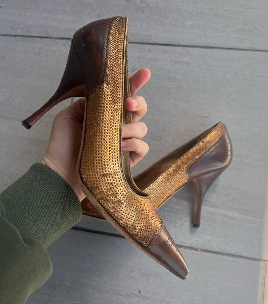 Vintage Prada Pointed Toe Sequin Gold Brown Leather Heels - Image 4