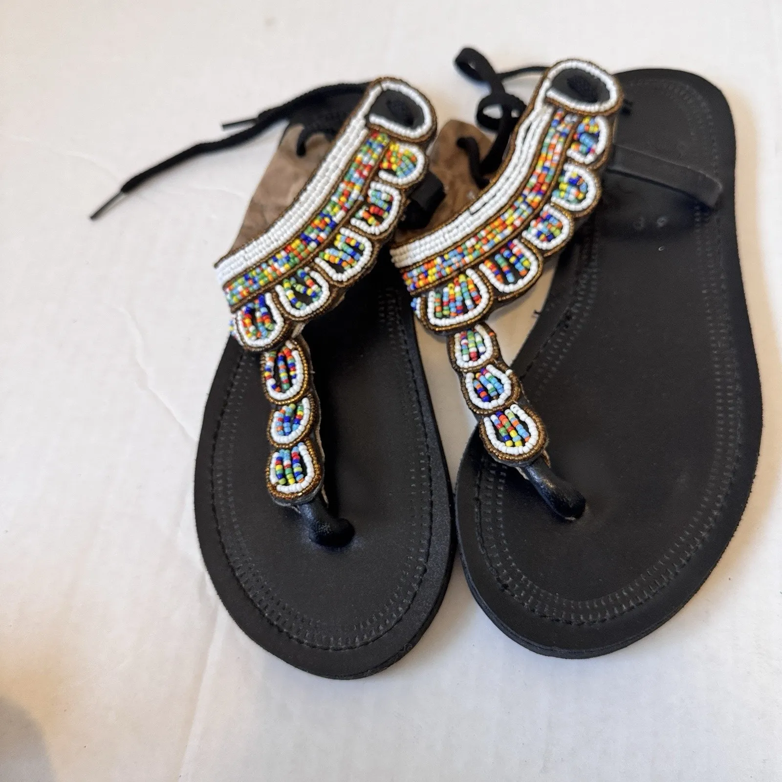 AUTHENTIC Multicolor Beaded Sandals Handmade Masai Kenya Intricate Size 8 - Image 3