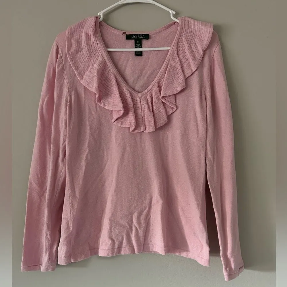 Lauren Ralph Lauren Pink Ruffle Collar Blouse Top Size Medium Preppy Workwear - Image 10