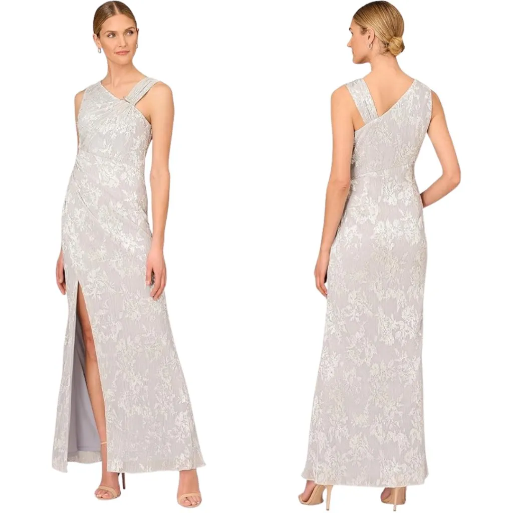 Aidan Mattox Adrianna Papell Pleated Foil Mermaid Maxi Gown Women 10 Silver NWOT - Image 2