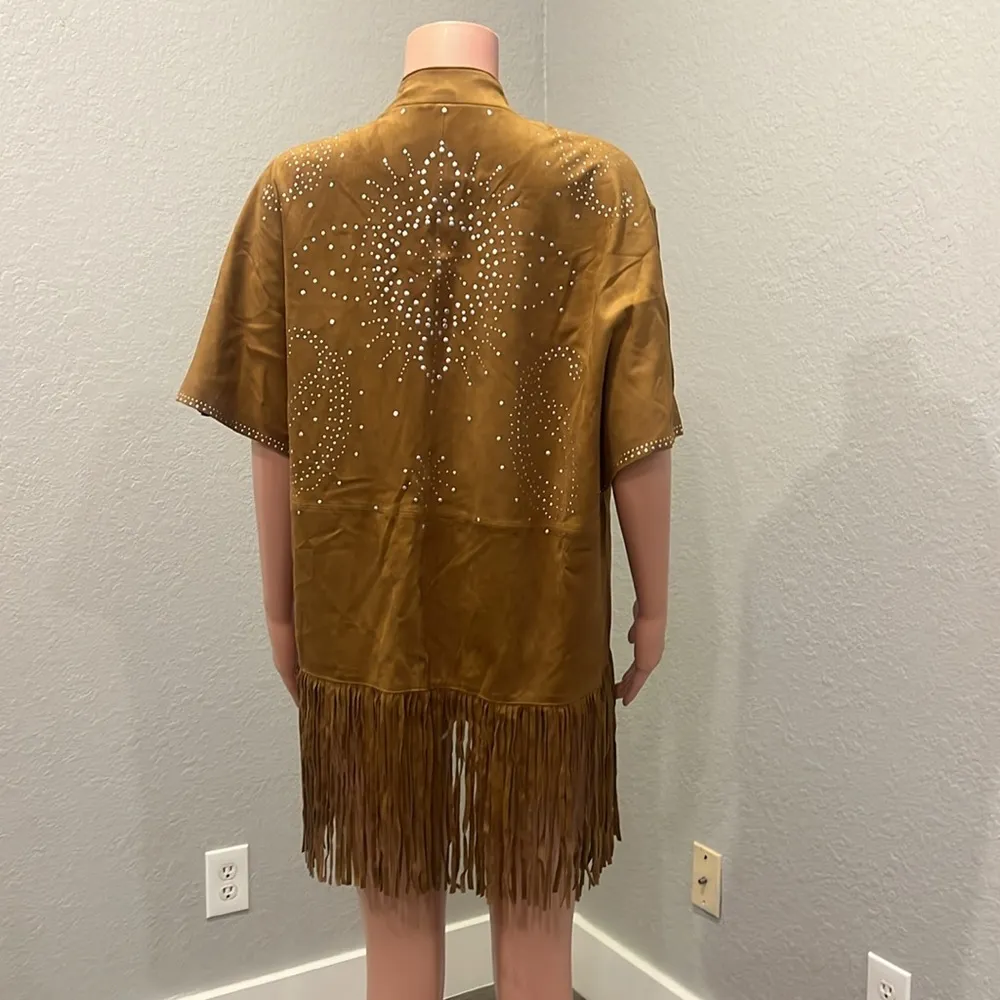 Zara Fringed Studded Faux Suede Bolero Cape Cardigan Brown Tan Sz M Western NWT - Image 3