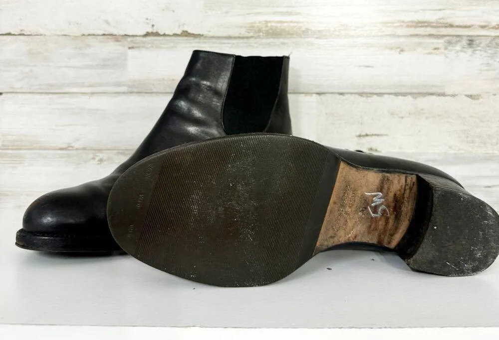 Fatta A Mano Women Black Leather W/ Stretch Sides Rounded Toe Ankle Booties 36 Size 5.5 - Image 3