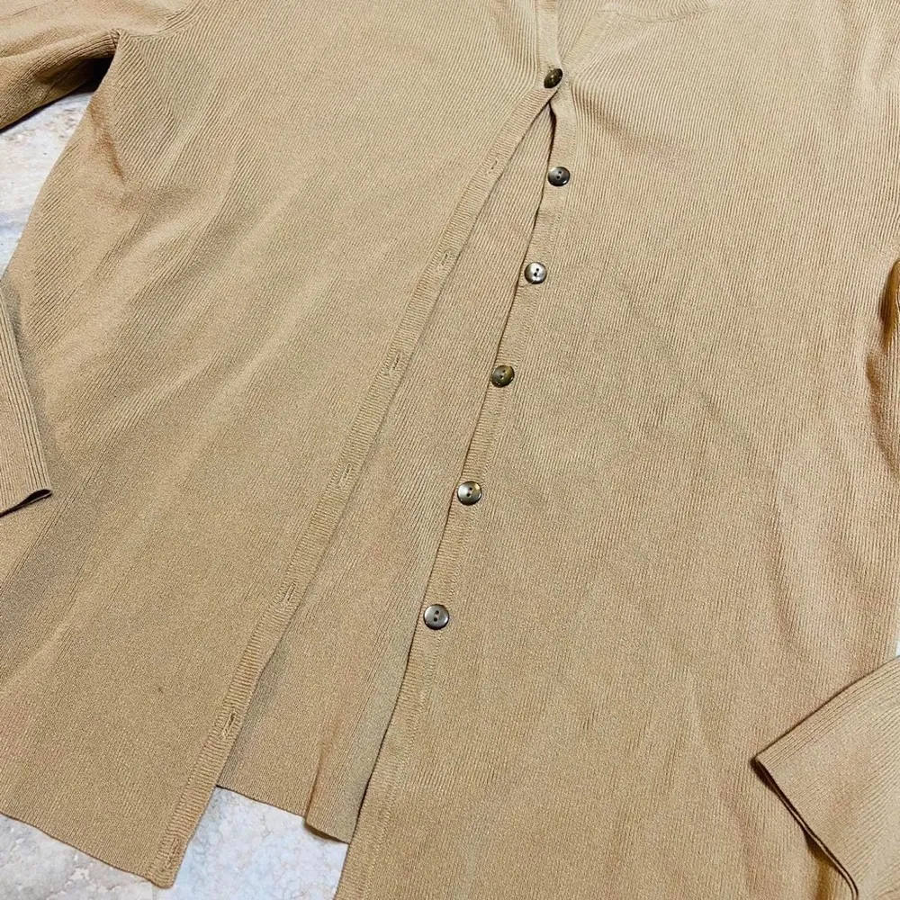 Vintage Y2k Ann Taylor Tan Ribbed Button Up Long Sleeve Sweater Shirt - Image 3