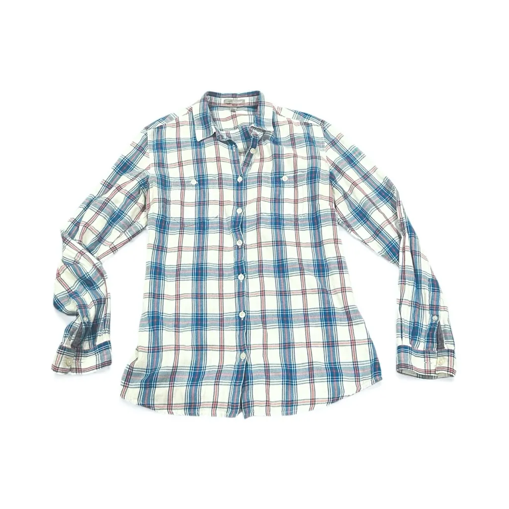 HORNY TOAD mixologist blue white red plaid button down tunic cinch back shirt XS - Image 2