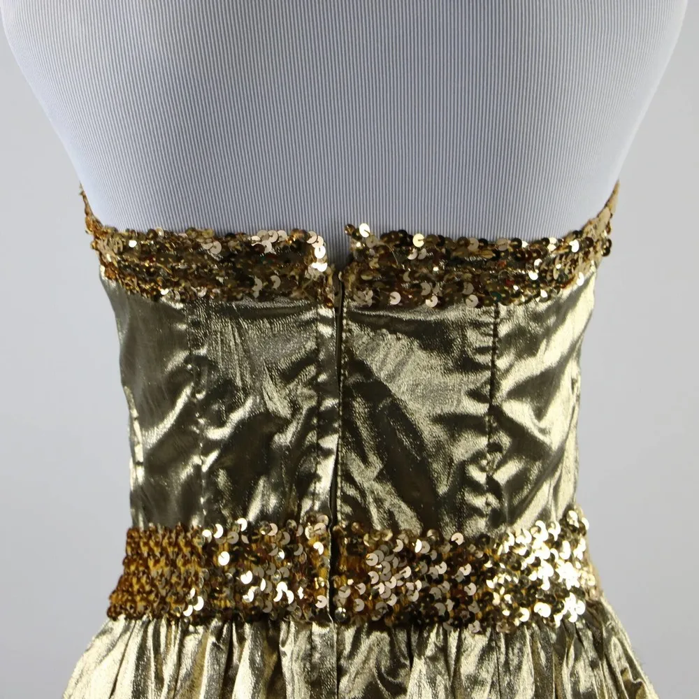 1980s XS Metallic Gold Strapless Gunne Sax Dress with Gold Sequin Belt - Image 7