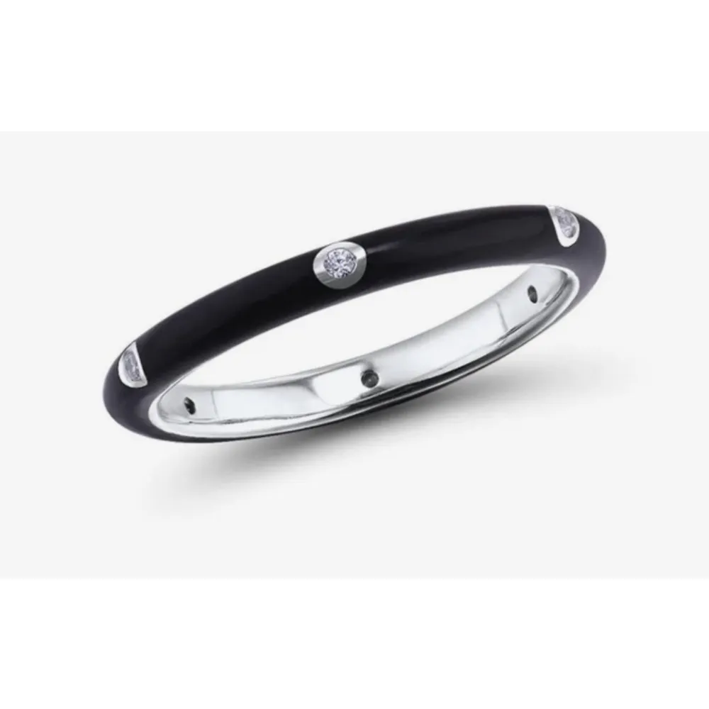 Women's Pave’ Diamond Black Enamel Stackable‎ 925 Sterling Silver Ring Size 8 - Image 2