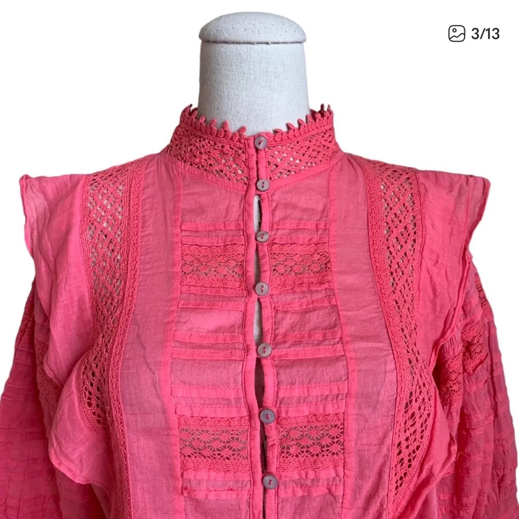 Free People Rosalind Pink Cotton Crochet Blouse Size Small - Image 9