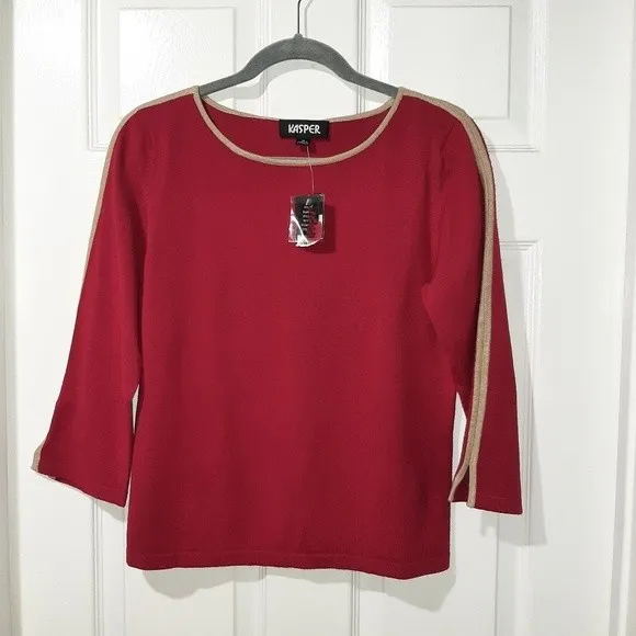 Kasper Stretchy Crop Sweater Knitted Top Red with Tan Accent 3/4 Sleeve Size M - Image 10