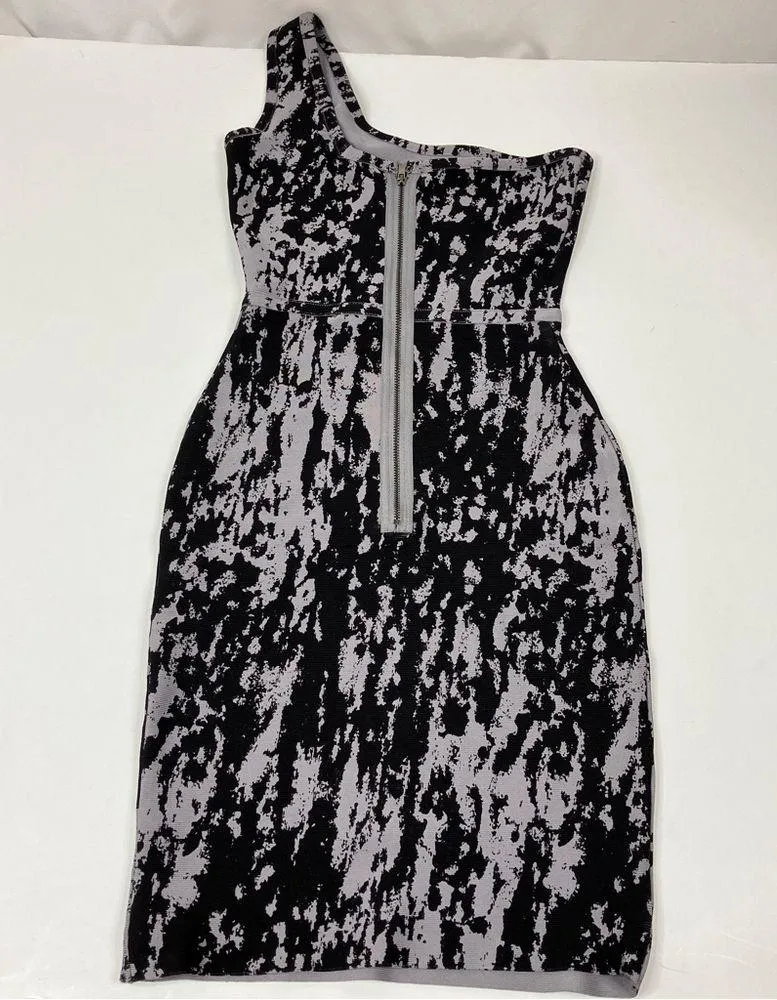 BCBGMaxAzria | Black & Gray Abstract One Shoulder Bandage Dress - Image 3