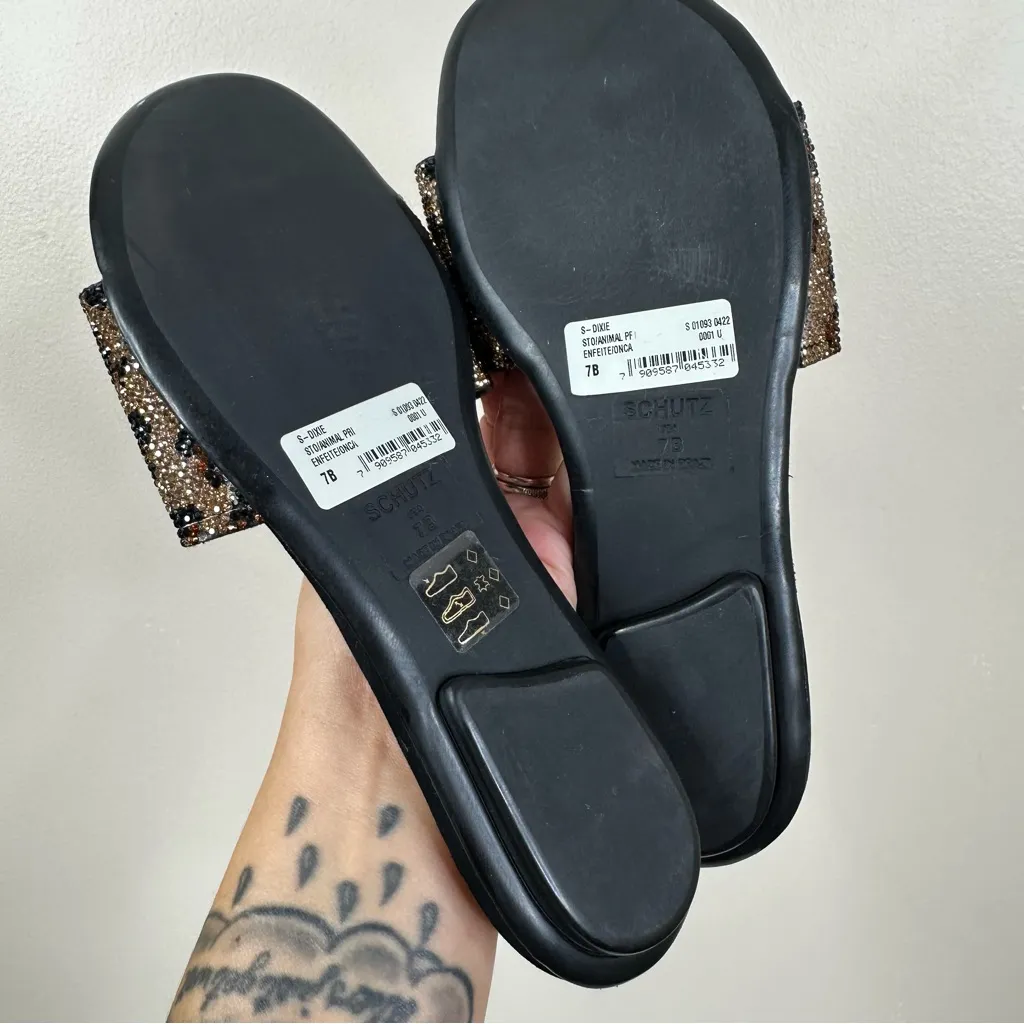 Schutz Dixie Leopard Rhinestone Sandals Womens 7 Open Toe Slide Flats - Image 3