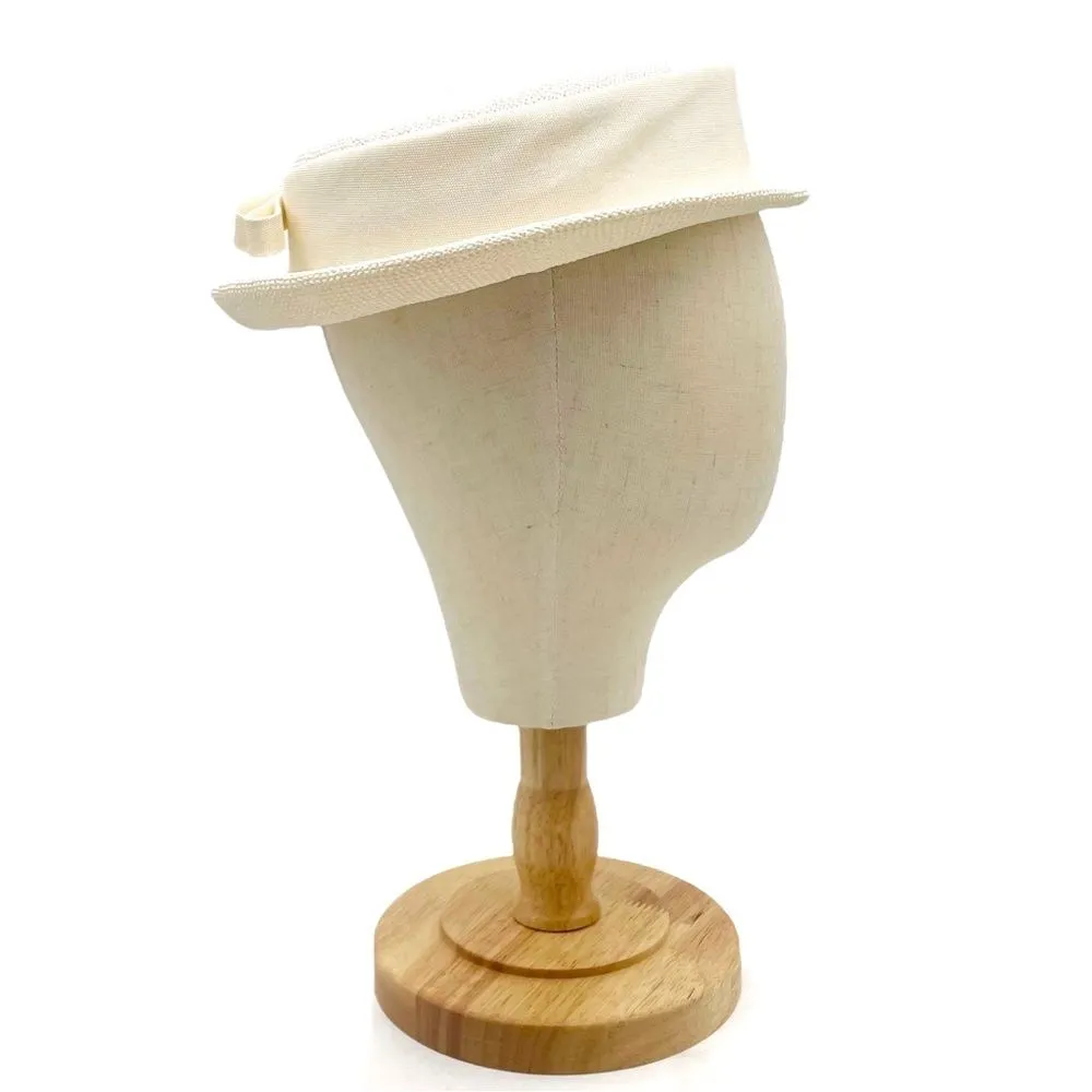 Vintage 1950s Cream Straw Sailor Hat Antique Ivory Boater Skimmer W Bow Detail - Image 7