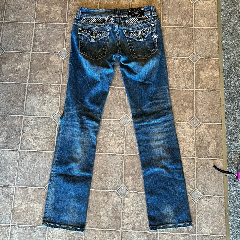 Miss Me Distressed Straight Jean Buckle Exclusive Rhinestone Button Flap Pockets - Image 5