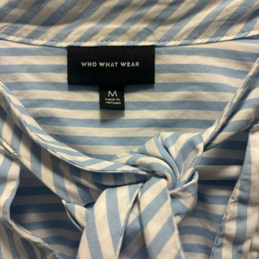 Long Sleeve Blue Vertical Striped Tie Neck blouse Size M - Image 5