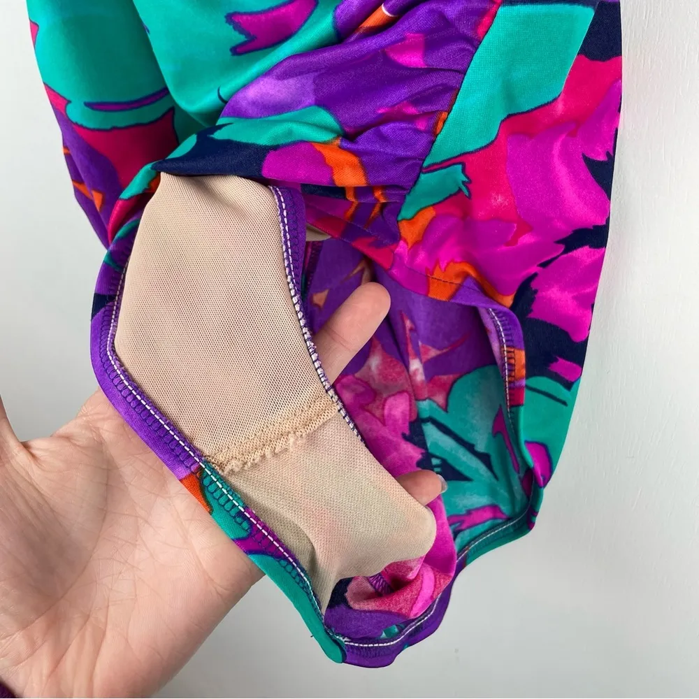 Vtg Y2K Abstract Swim One Piece Sz 16 High Cut Neon Floral Print Ruched Pink - Image 10