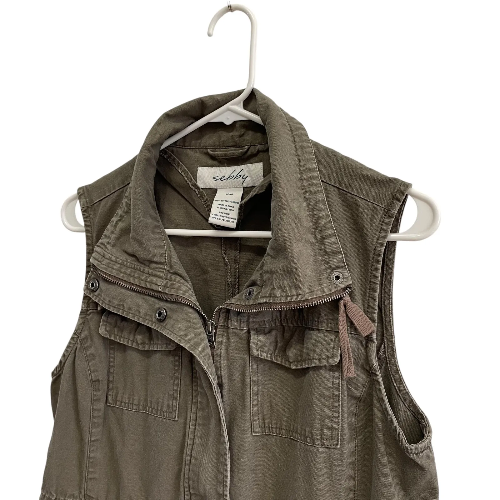 Sebby Collection Utility Vest Military Anorak Drawstring Pockets Olive Green M - Image 2