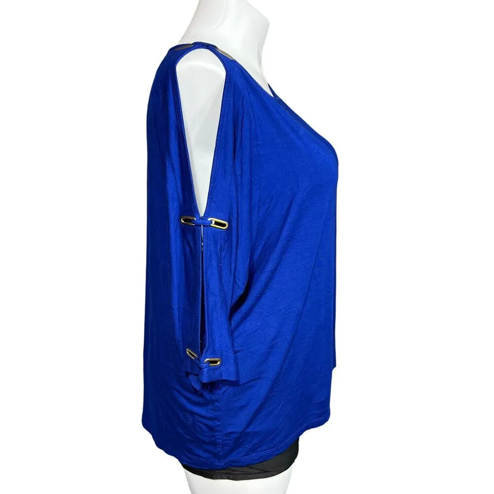 Cable & Gauge Womens Blouse Shirt Top Cold Shoulder Dolman Sleeve Royal Blue 1X - Image 2