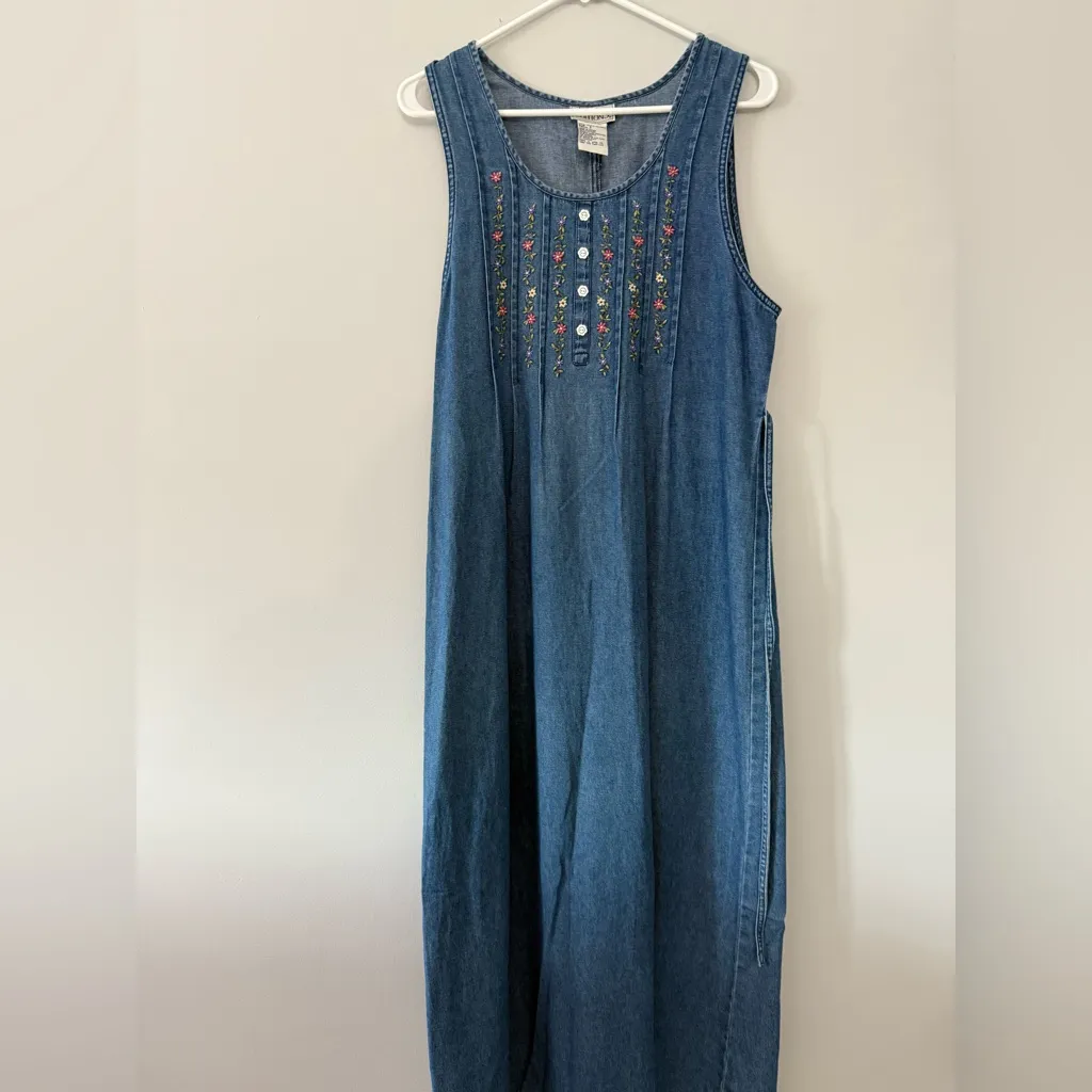 VTG BASIC EDITIONS Embroidered Denim Sleeveless Dress Maxi Blue Floral Size S - Image 2