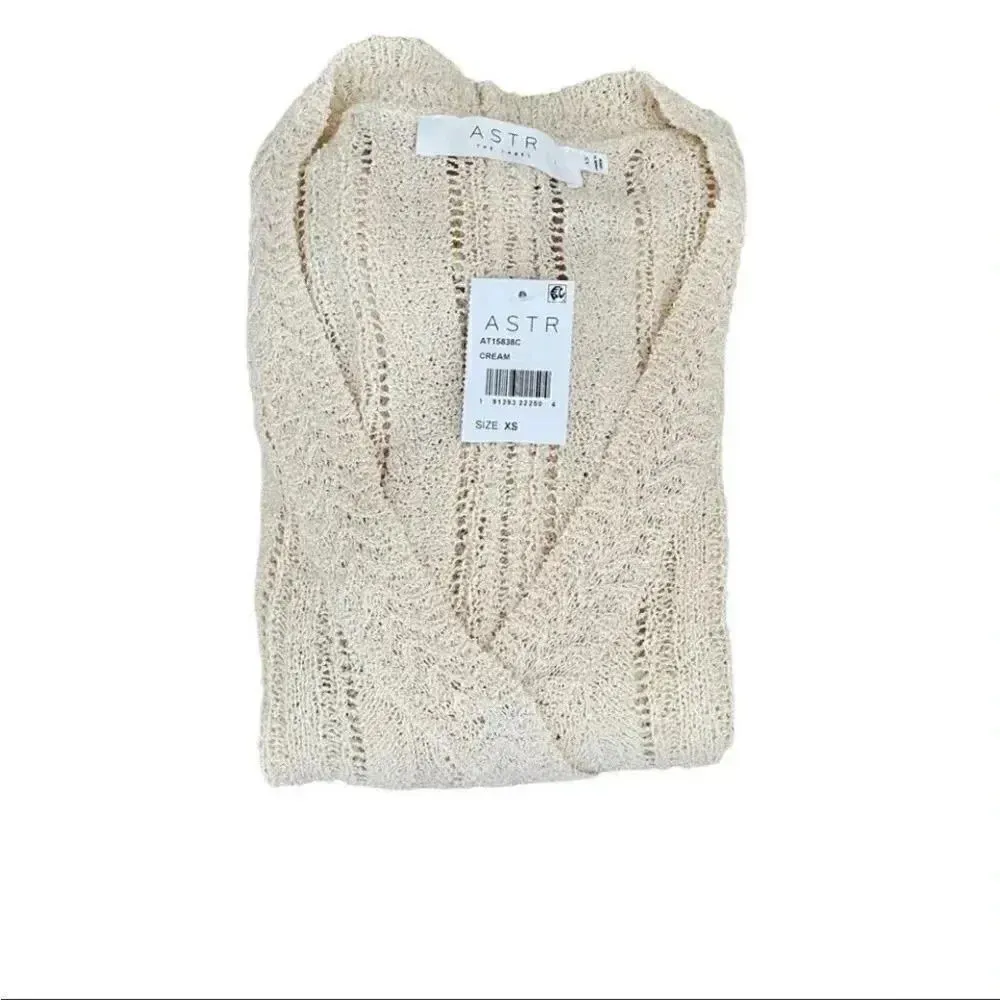 ASTR Faux Wrap V-neck Pointelle Knit Pullover Sweater in Beige Cream SZ XS - Image 11