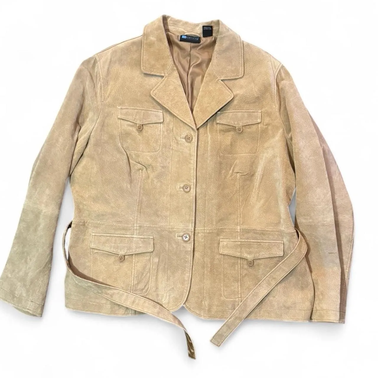 Relativity Women’s 2X Genuine Suede Leather Cropped Trench Coat Belted Tan - Image 3