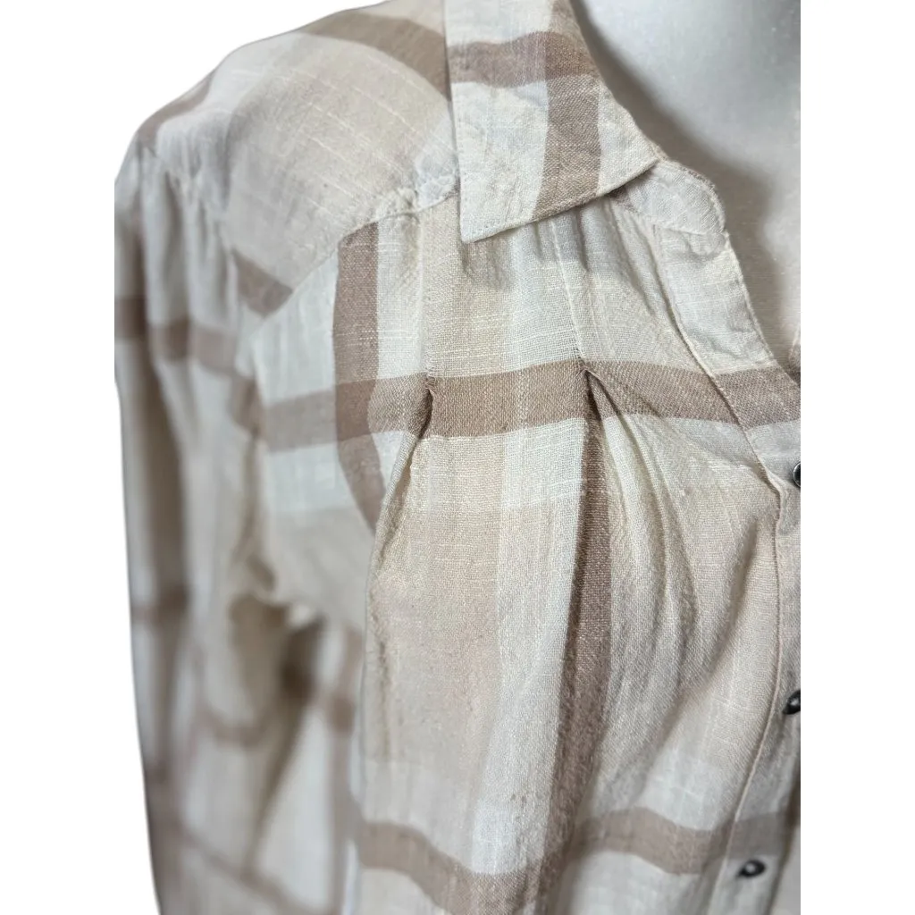 FREE PEOPLE Womens Peppy Plaid M Tunic Shirt White Brown Button Up Back Ruffle - Image 11