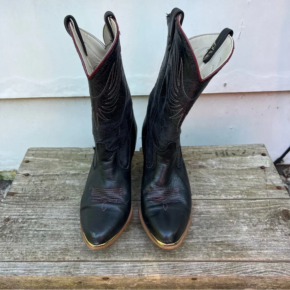 Vintage 80s Dingo Black Cherry High Heeled Cowgirl Boots Booties 7M - Image 2