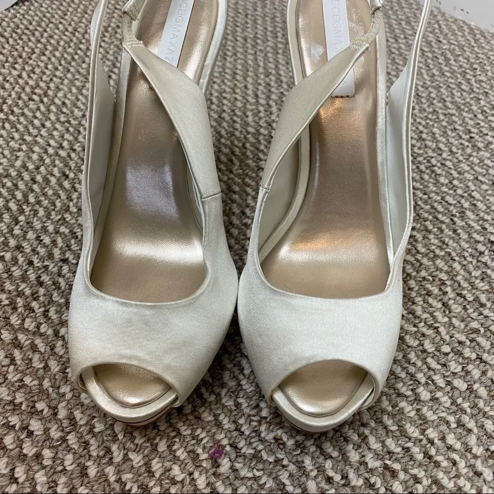 BCBG MAXAZRIA SATIN CREAM JEWELED PEEP TOE HEELS - Image 11