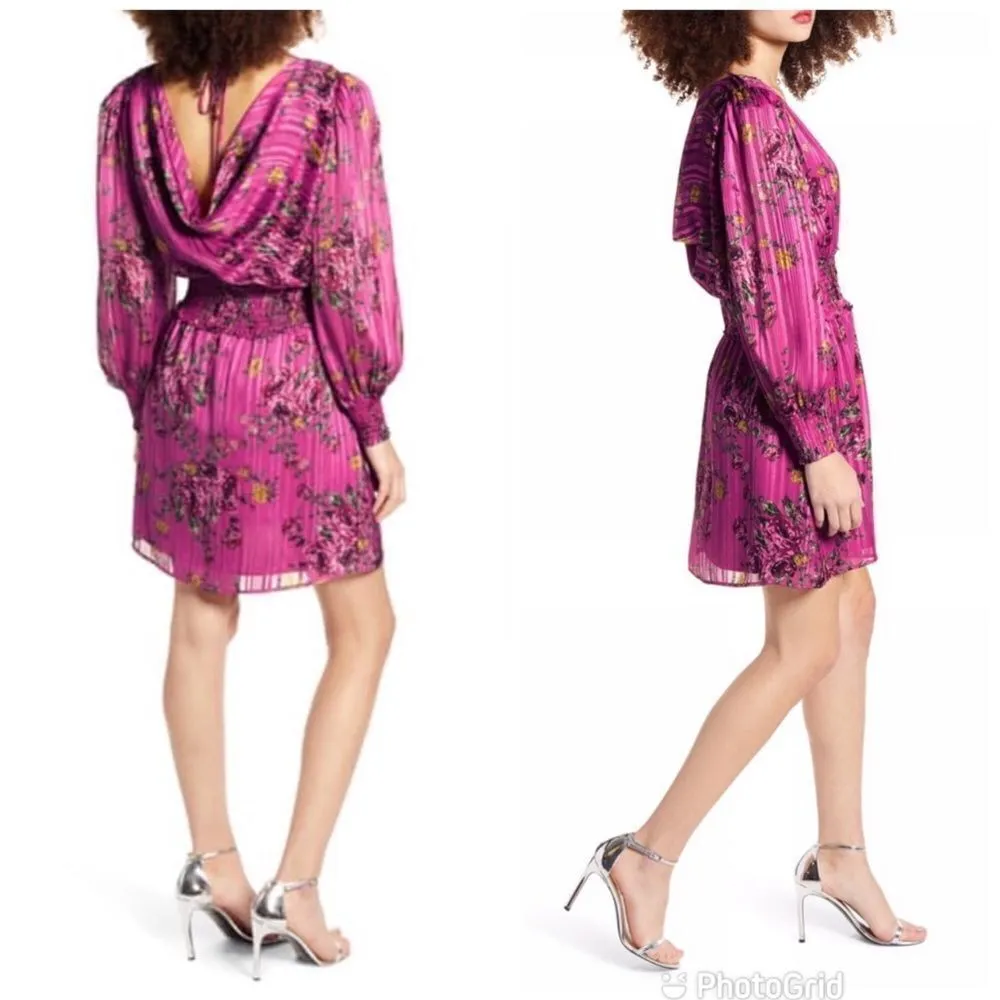 WAYF Pink Floral Long Sleeve‎ Mini Dress Cocktail Party Low Back Satin XS New - Image 3