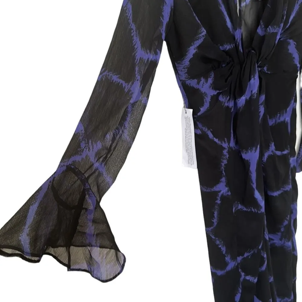 NEW Topshop Woven Knot Front Plunge Midi Dress Sheer Black Purple US 6 - Image 4