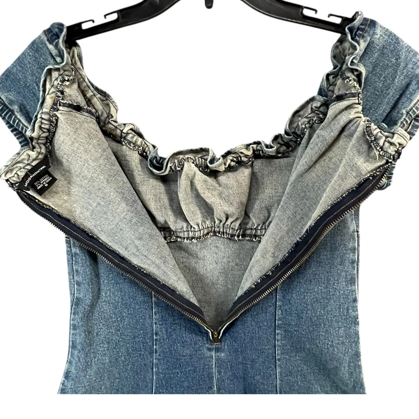 Moda International Y2K Denim Dress 6 Blue Ruffle Neck Milkmaid Stretch Retro - Image 6