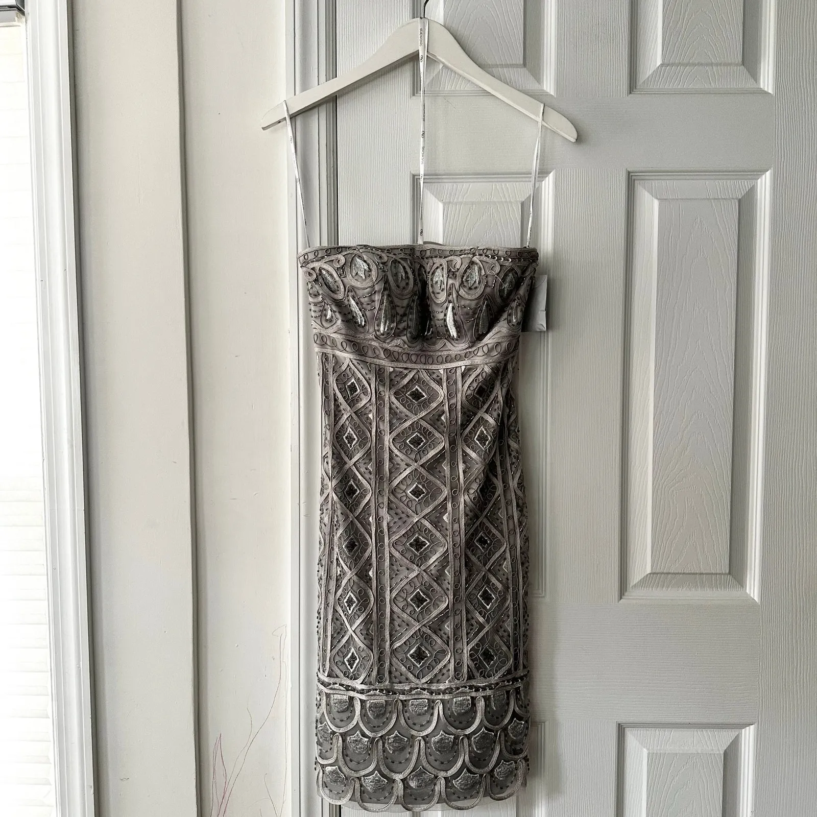 Sue Wong Nocturne Silver Satin Beaded Geo Strapless Mini Cocktail Dress NWT 2 - Image 9