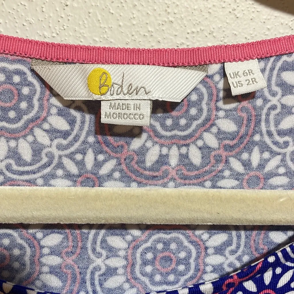 Boden Amelie Jersey Knit Short Sleeve Dress Blue White Pink Pattern Size 2 J0326 - Image 3