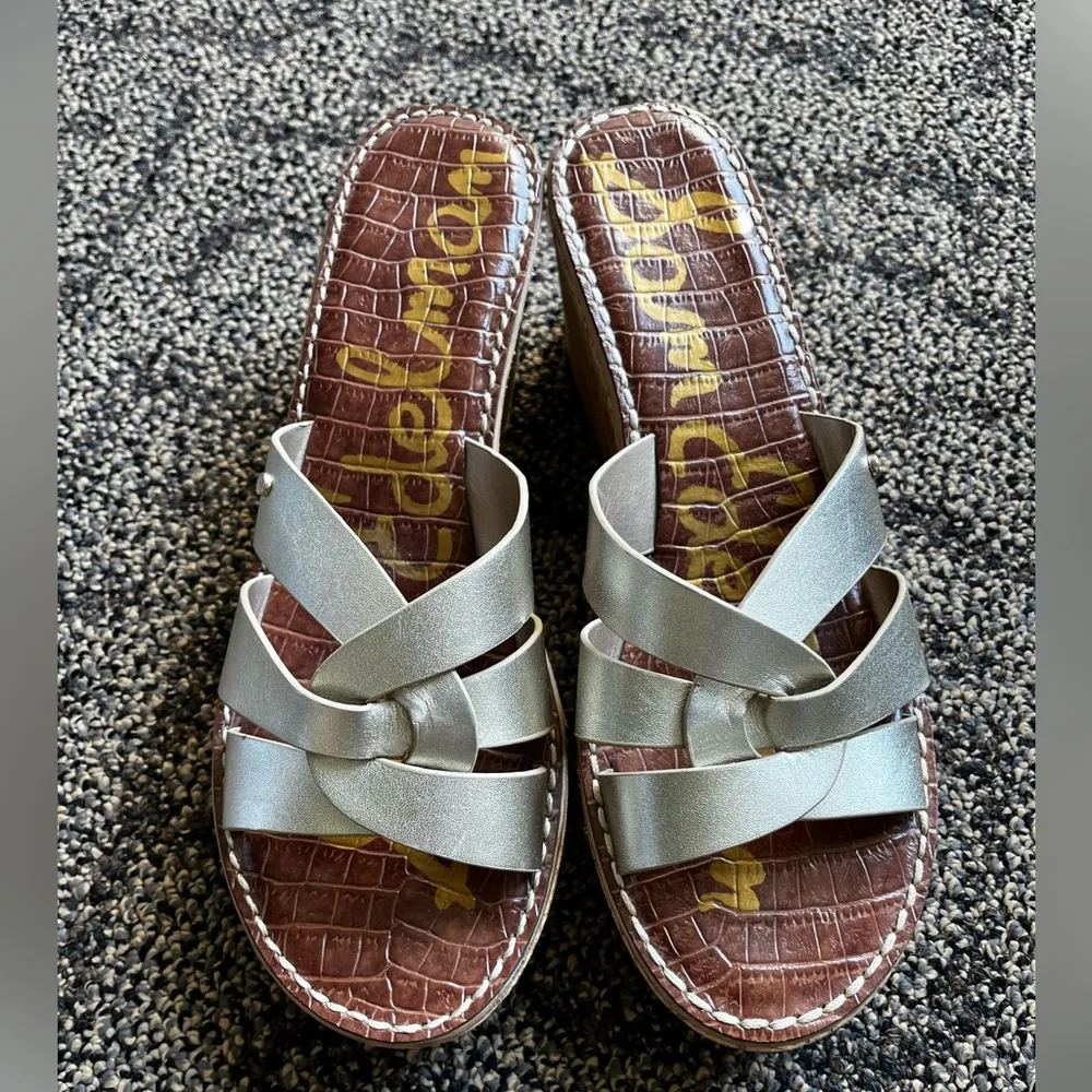 Sam Edelman Raynere Sandals - Cork Wedge Platform Gold Metallic Leather Slide - Image 3