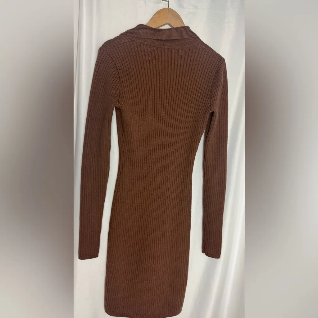 Hollister Brown Ribbed Knit Dress long sleeve collar Small - Image 3