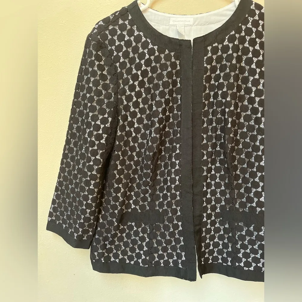 Vintage Charter Club Women’s Black White Spotted Knitted 3/4 Sleeve Blazer Top M - Image 3