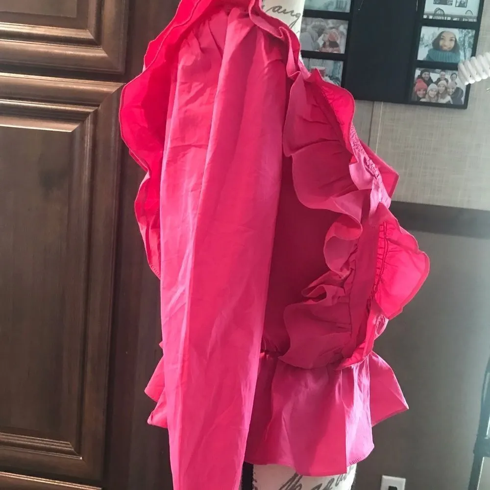 Ellatuse Pink Ruffled V Neck Crop Blouse - Image 5