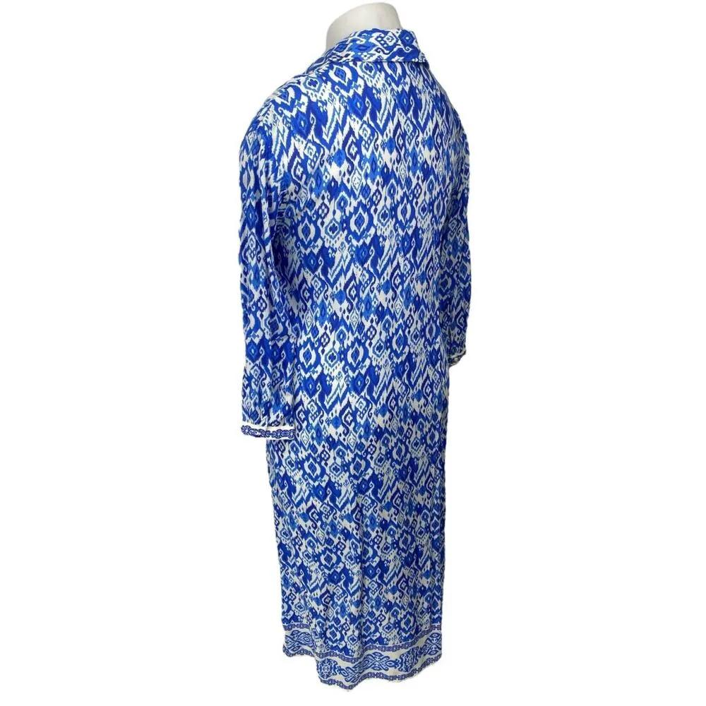 Women's Blue White Long Sleeve Abstract Argyle Button Up Maxi Shirt Dress Size L Size L - Image 2