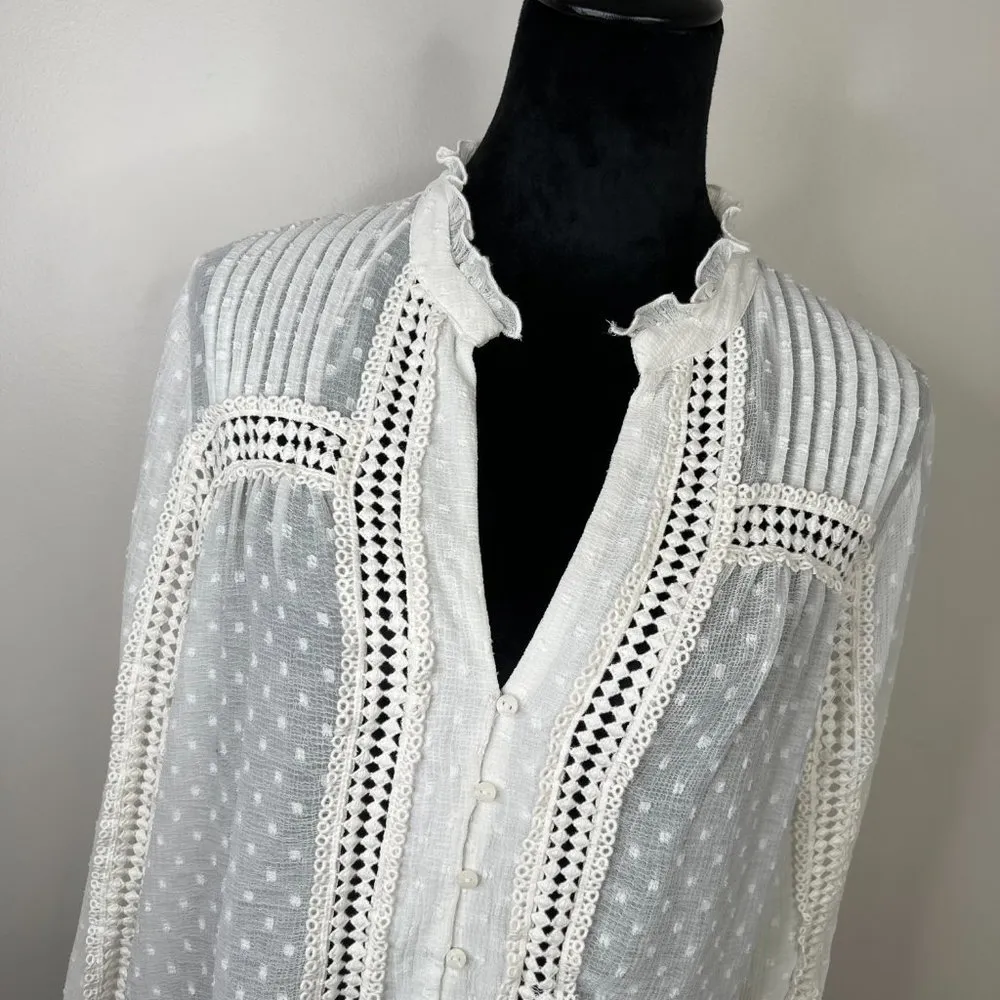 Zara Sheer Swiss Dot Crochet Button Front Ruffle Neck Blouse Size Small - Image 3