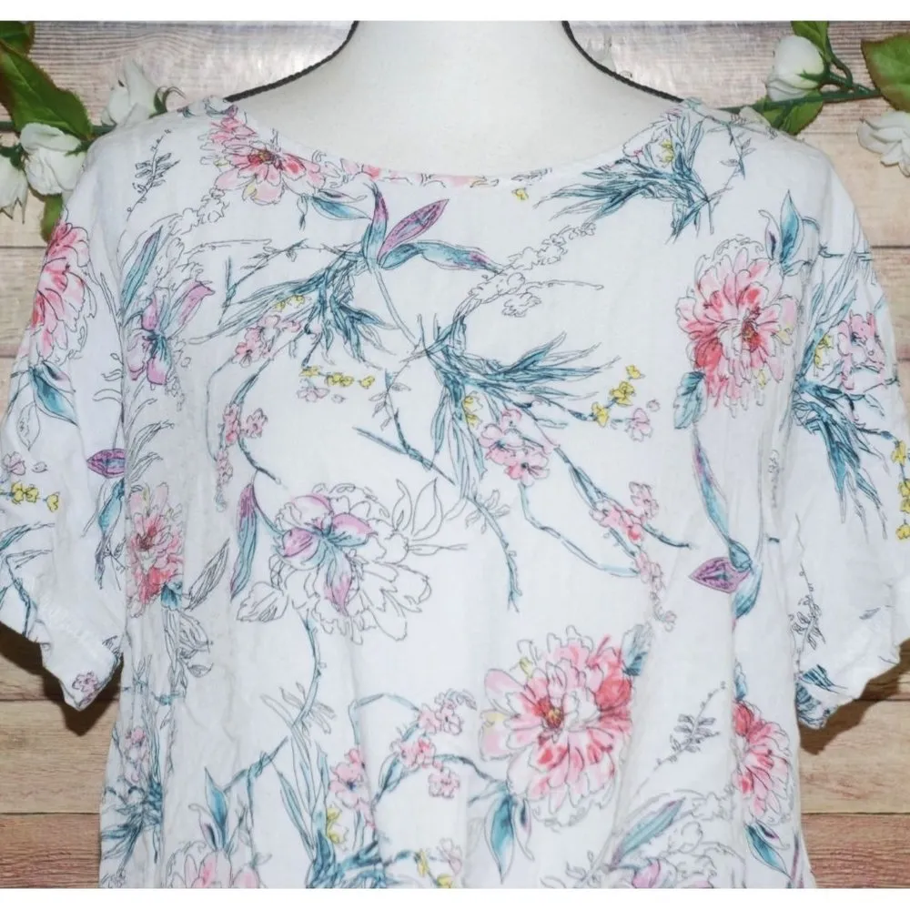 Buffalo David Bitton Ladies White Floral Blouse Size L Tie Up Waist Short Sleeve - Image 2