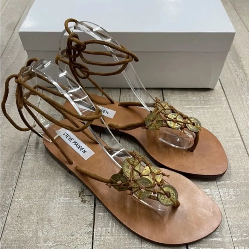 NEW! STEVE MADDEN Jerry Coin Embellished Brown Leather Ankle Wrap Sandals Size 8 - Image 5