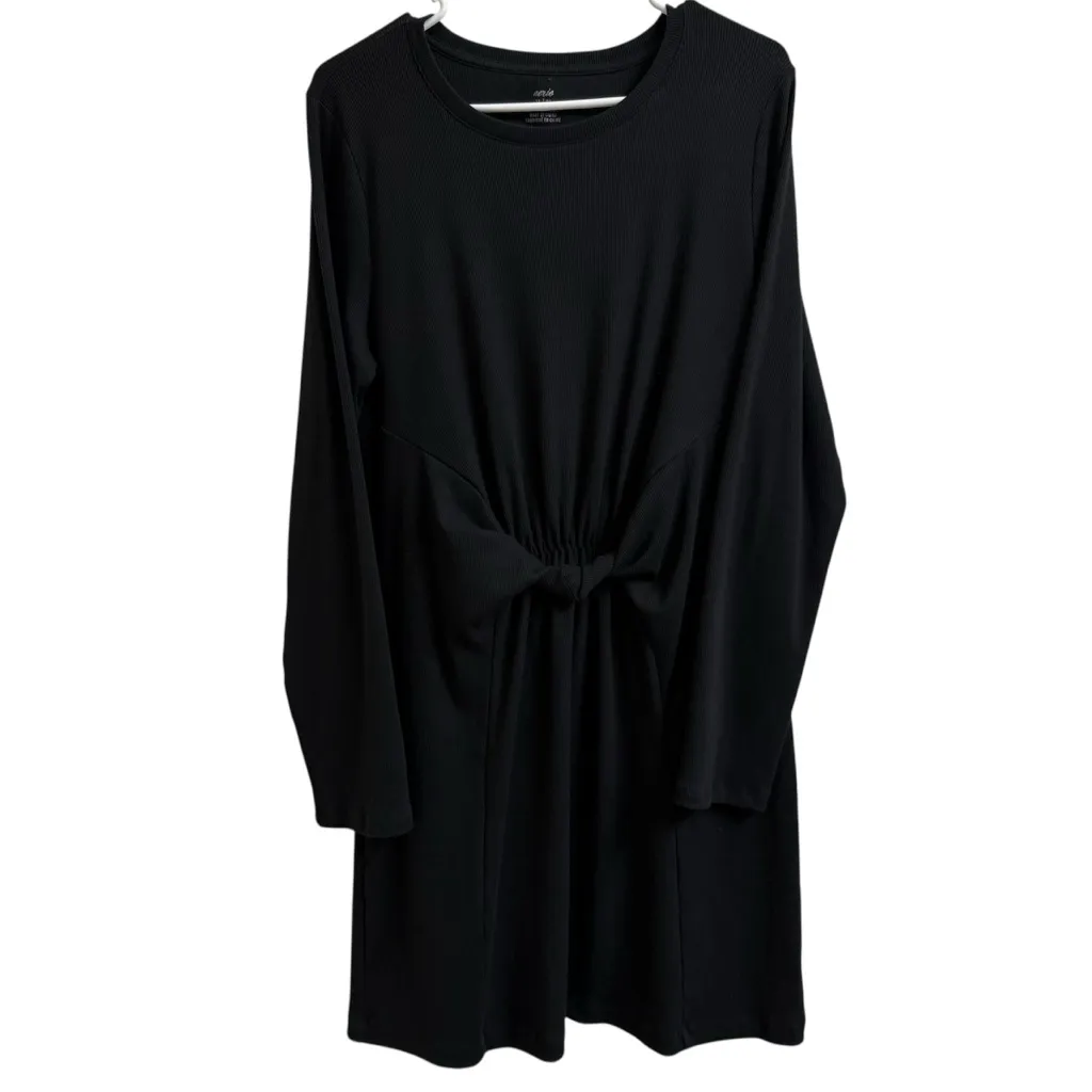 Aerie Women Sz XL Black Ribbed Casual Long Sleeve Twist Front T-Shirt Mini Dress - Image 2