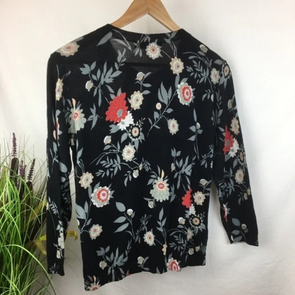 Ann Taylor Black Dark Moody Floral Knit Button Up Cardigan Sweater M - Image 3